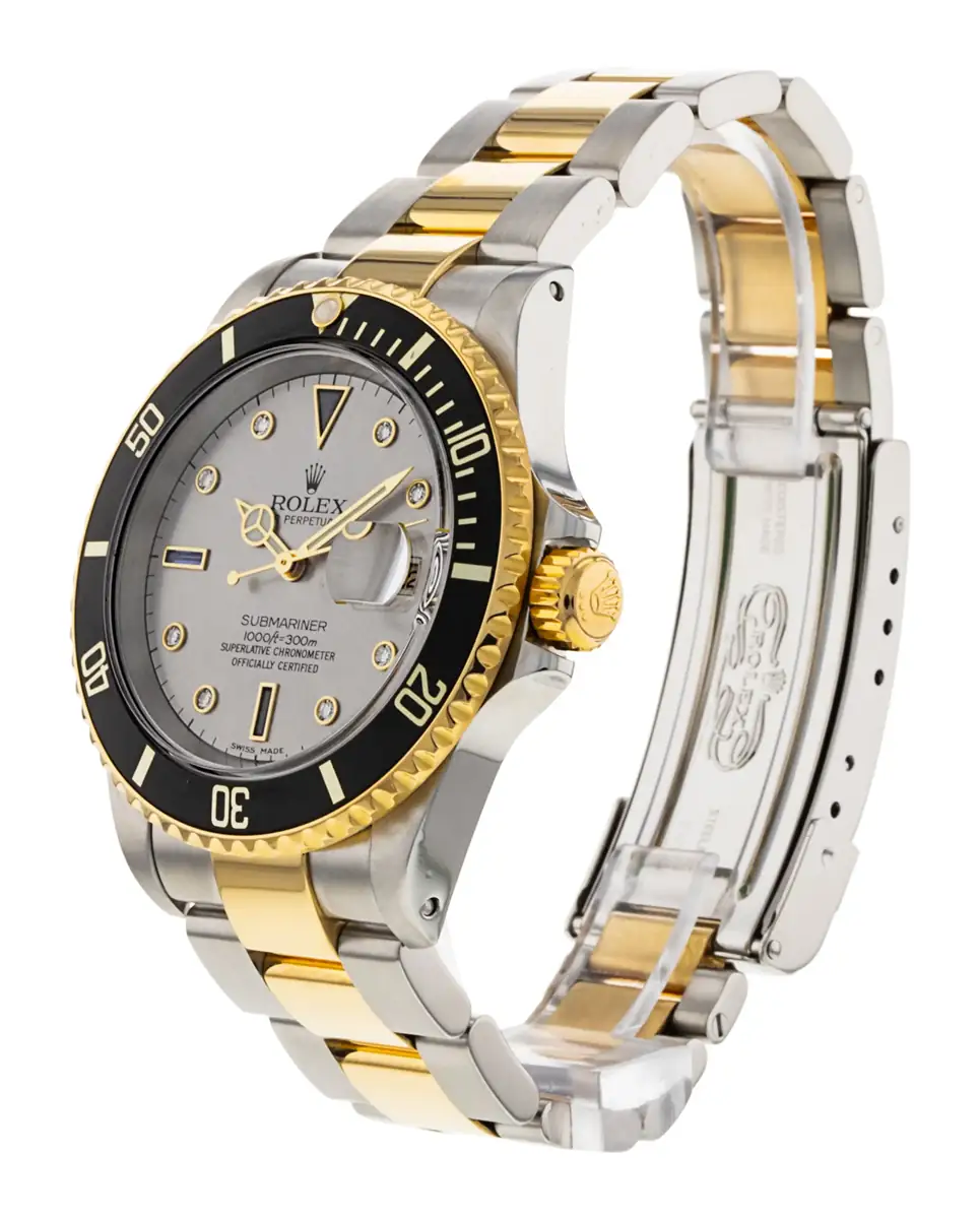 Rolex Submariner two-tone watch with a silver dial and black bezel_3.webp