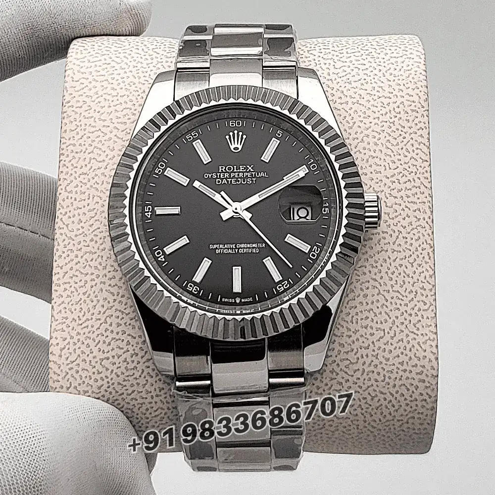 Rolex Datejust 41 watch with a black dial and fluted bezel on an Oyster bracelet_3.webp