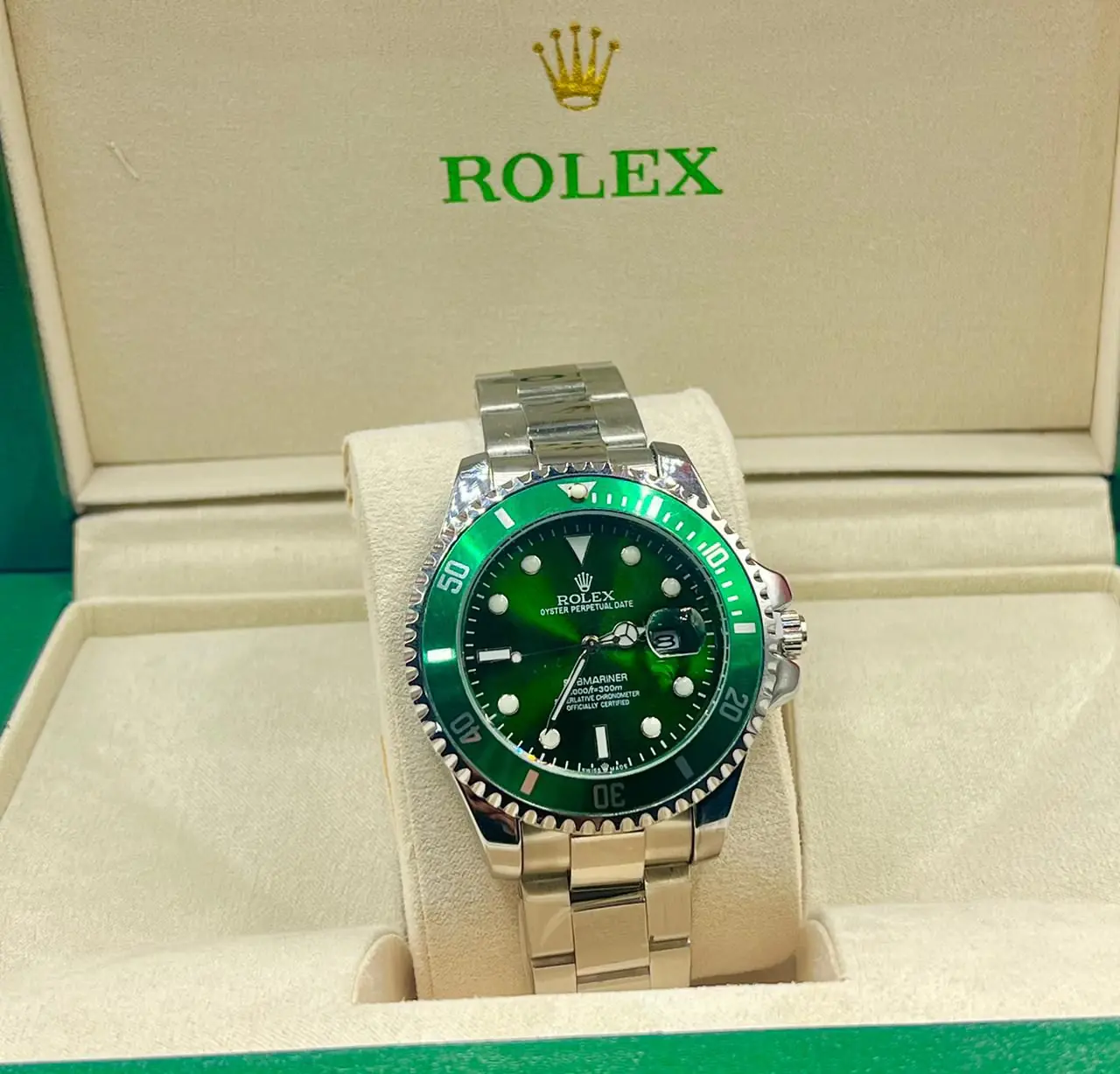 Rolex Submariner Date Hulk Reference 116610LV in Oystersteel with a green Cerachrom bezel and a green sunburst dial.webp