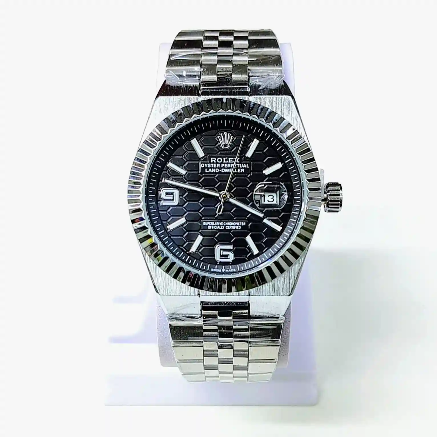 Rolex Land-Dweller watch with a black dial and a Jubilee bracelet_1.webp