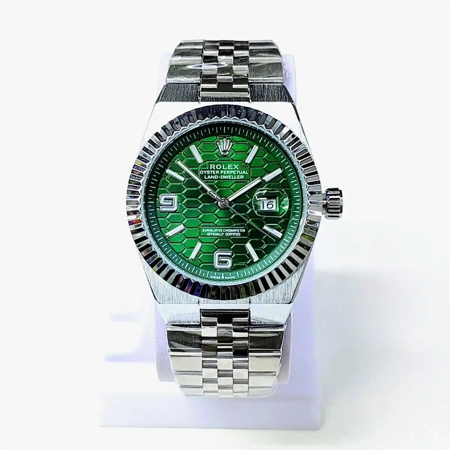 Rolex Oyster Perpetual Land-Dweller watch with a green honeycomb dial_2.webp