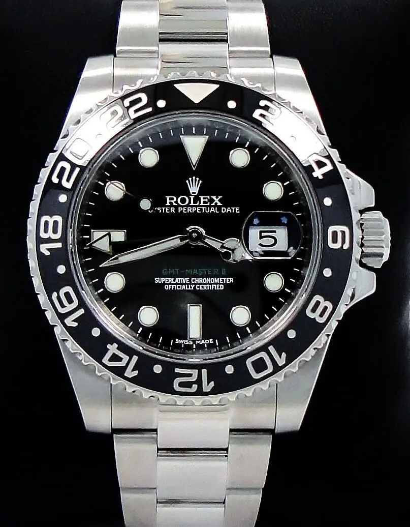 Rolex GMT-Master II watch with a black dial and bezel in a stainless steel Oyster case (2).webp