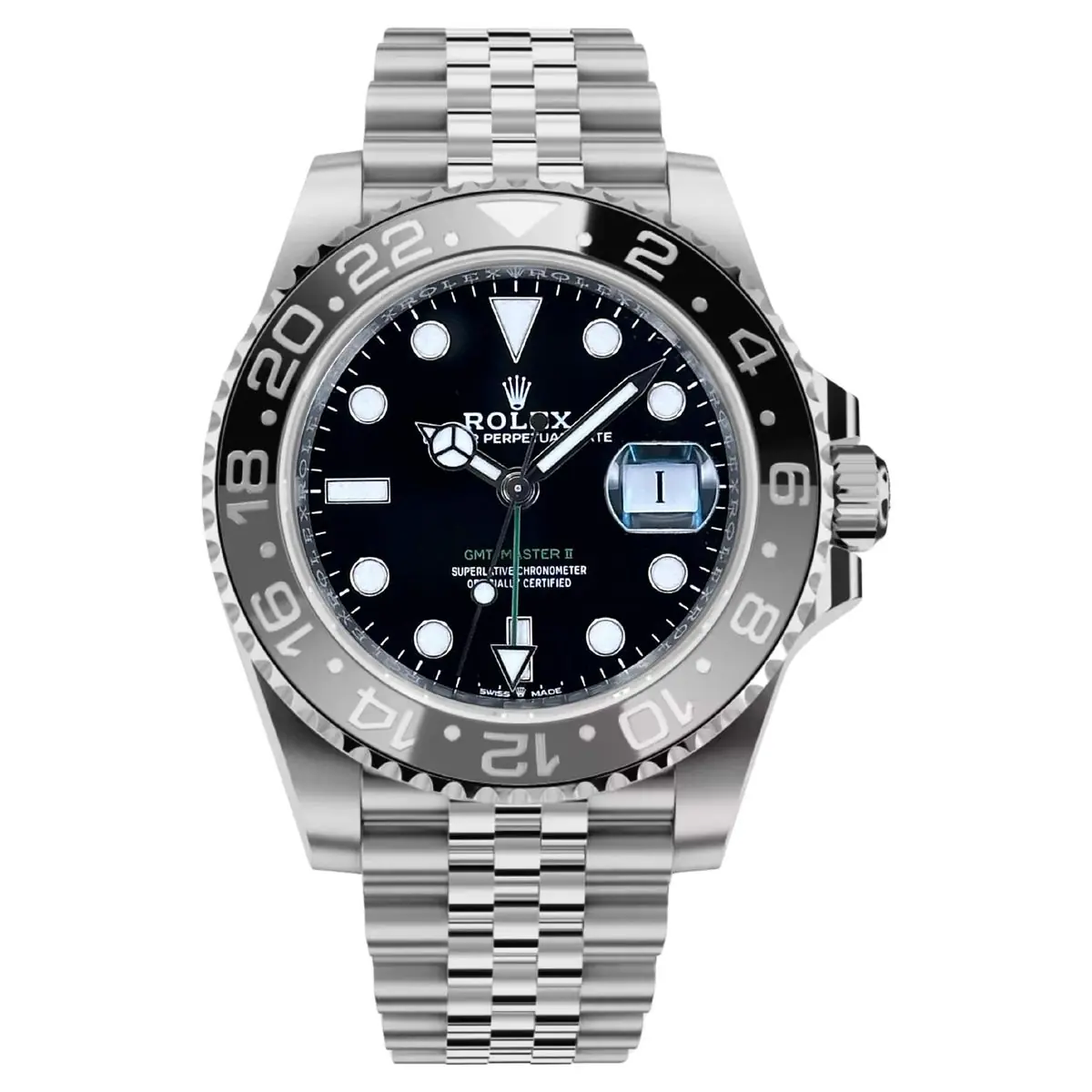 Rolex GMT-Master II watch in Oystersteel with a black dial and Jubilee bracelet (1).webp