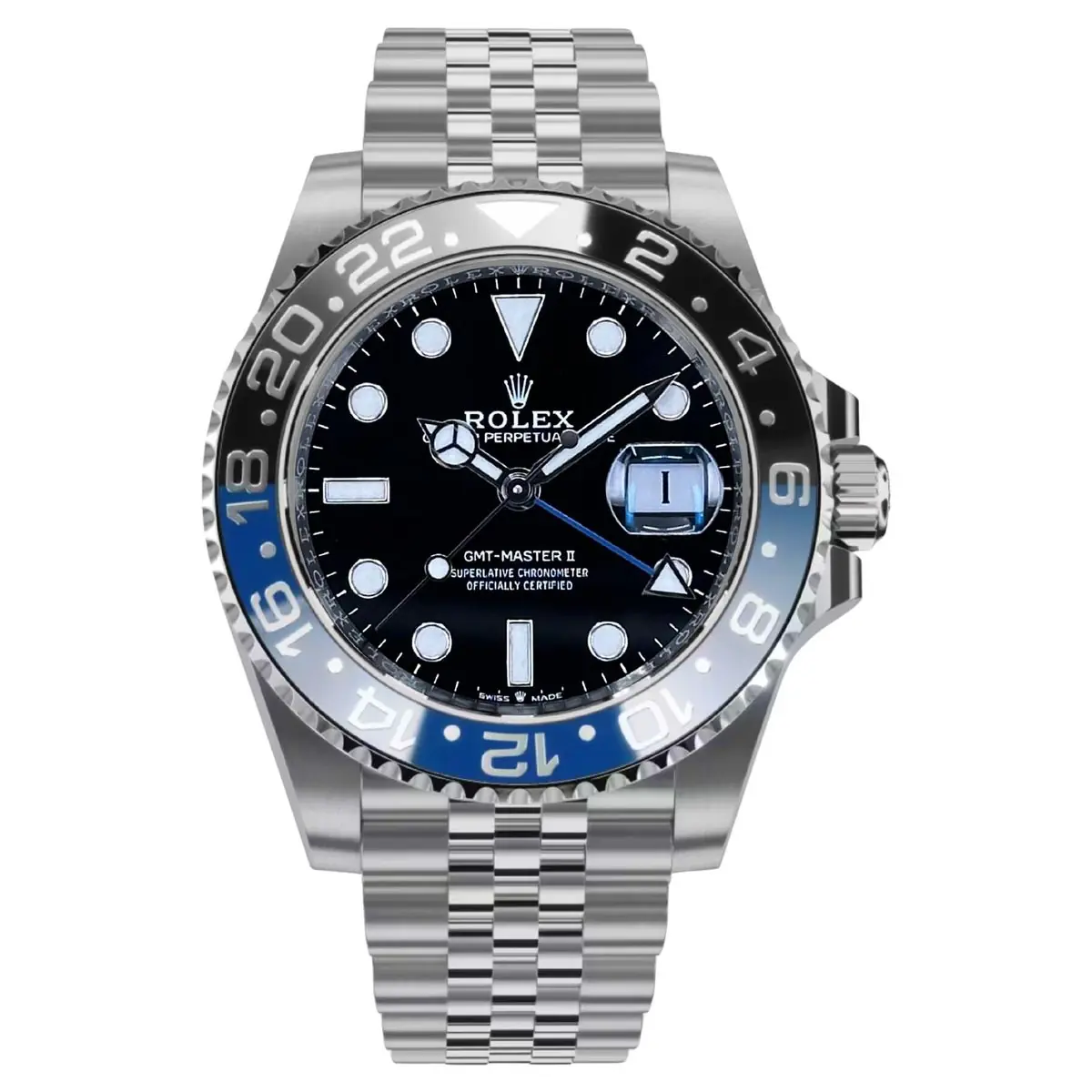 Rolex GMT-Master II in Oystersteel with a black dial and a Jubilee bracelet (1).webp