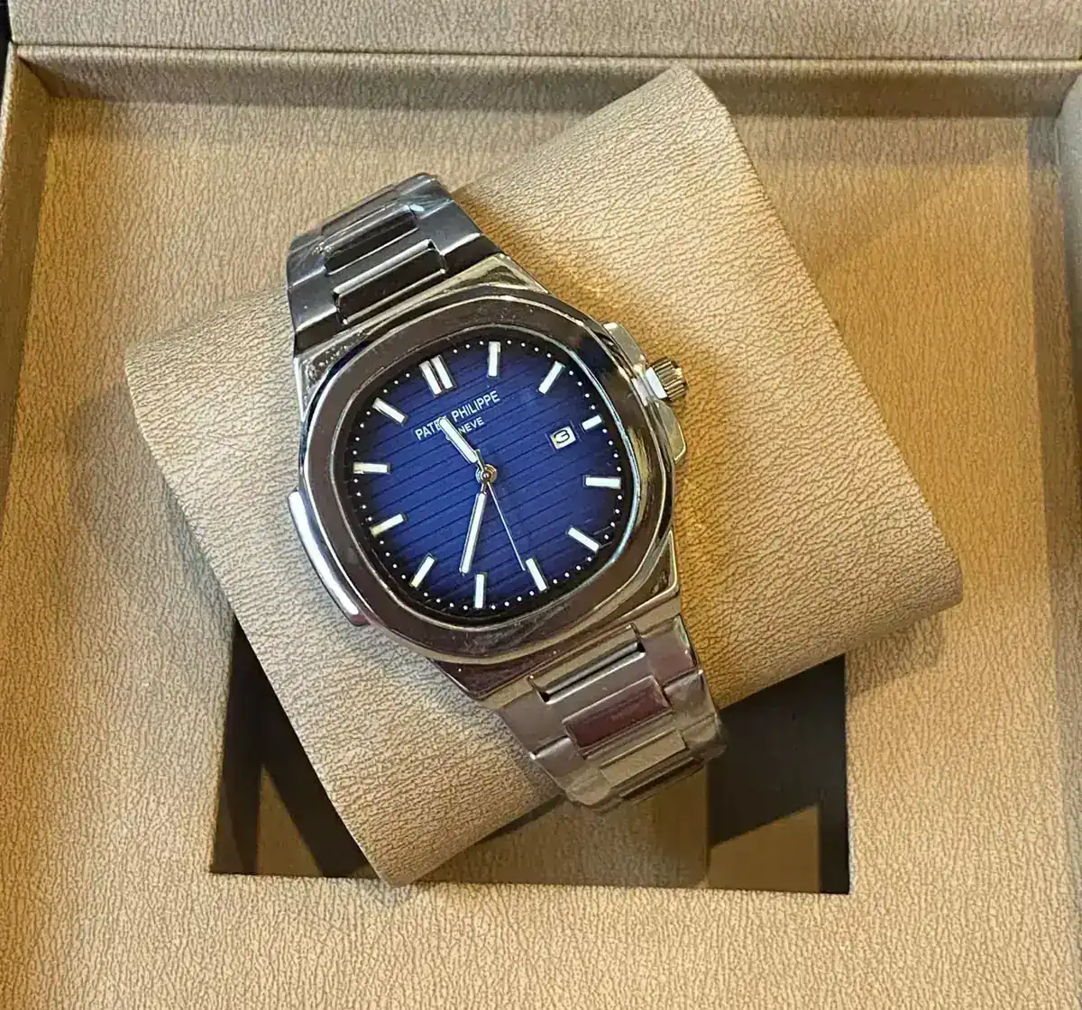Patek Philippe Nautilus watch with a blue dial and stainless steel bracelet_2.webp