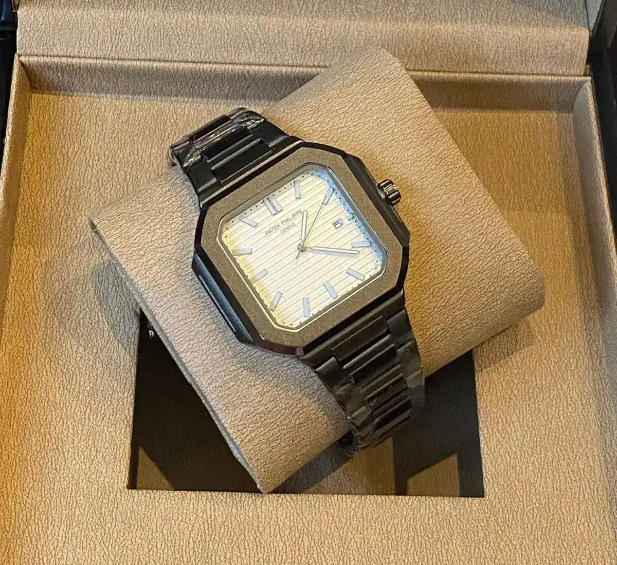 Patek Philippe Square Elegance for Him watch with a full black steel case and silver dial_3.webp