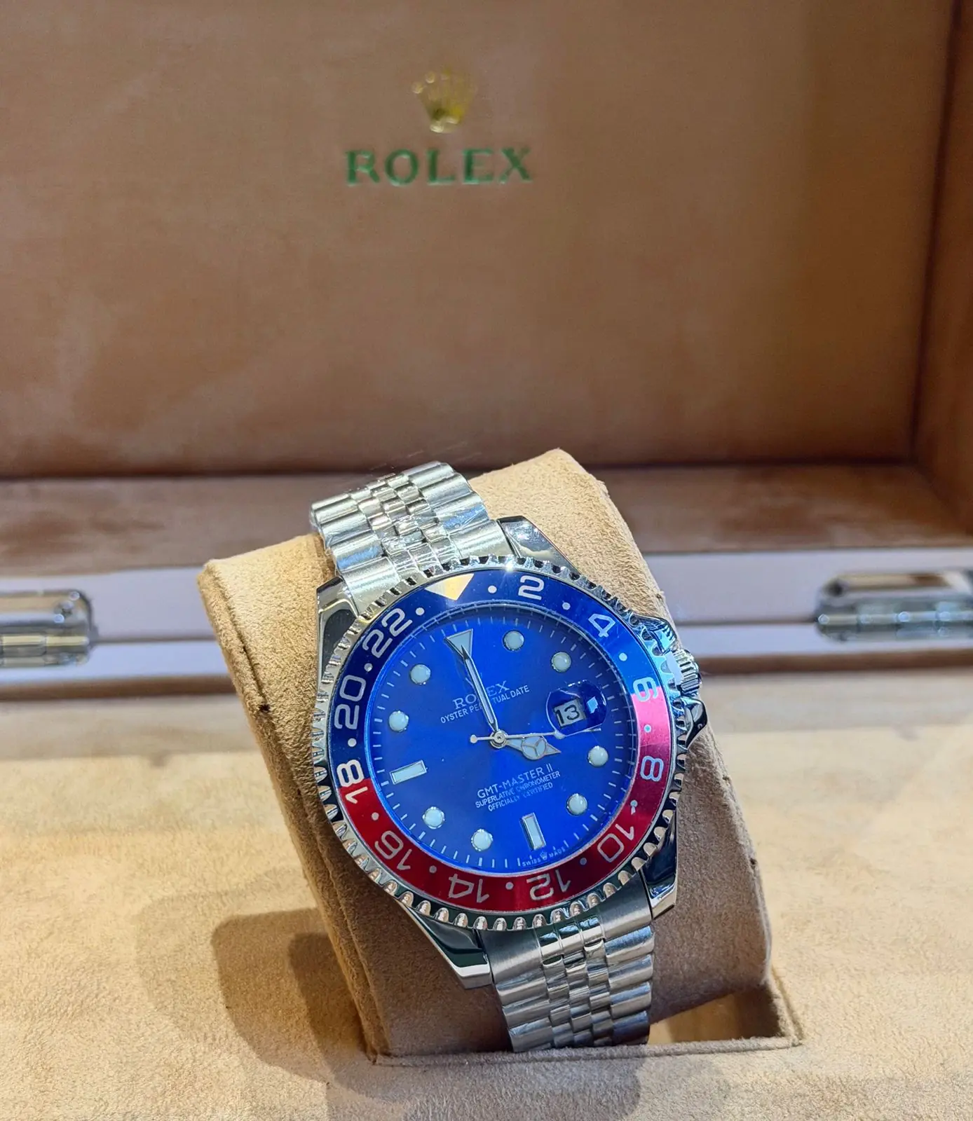 Rolex GMT-Master II Pepsi watch with a red and blue ceramic bezel insert and a Jubilee bracelet_1.webp