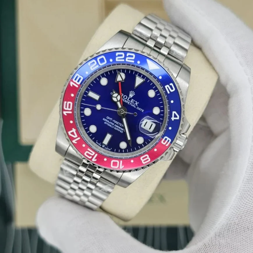 Rolex GMT-Master II Pepsi watch with a red and blue ceramic bezel insert and a Jubilee bracelet_2.webp