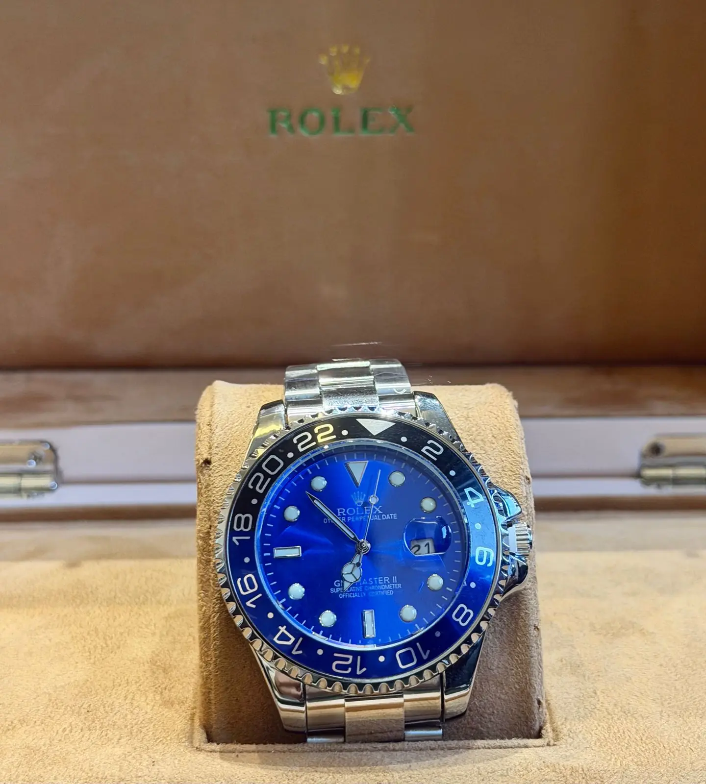 Rolex GMT-Master II watch with a blue dial and a black and blue ceramic Batman bezel_1.webp