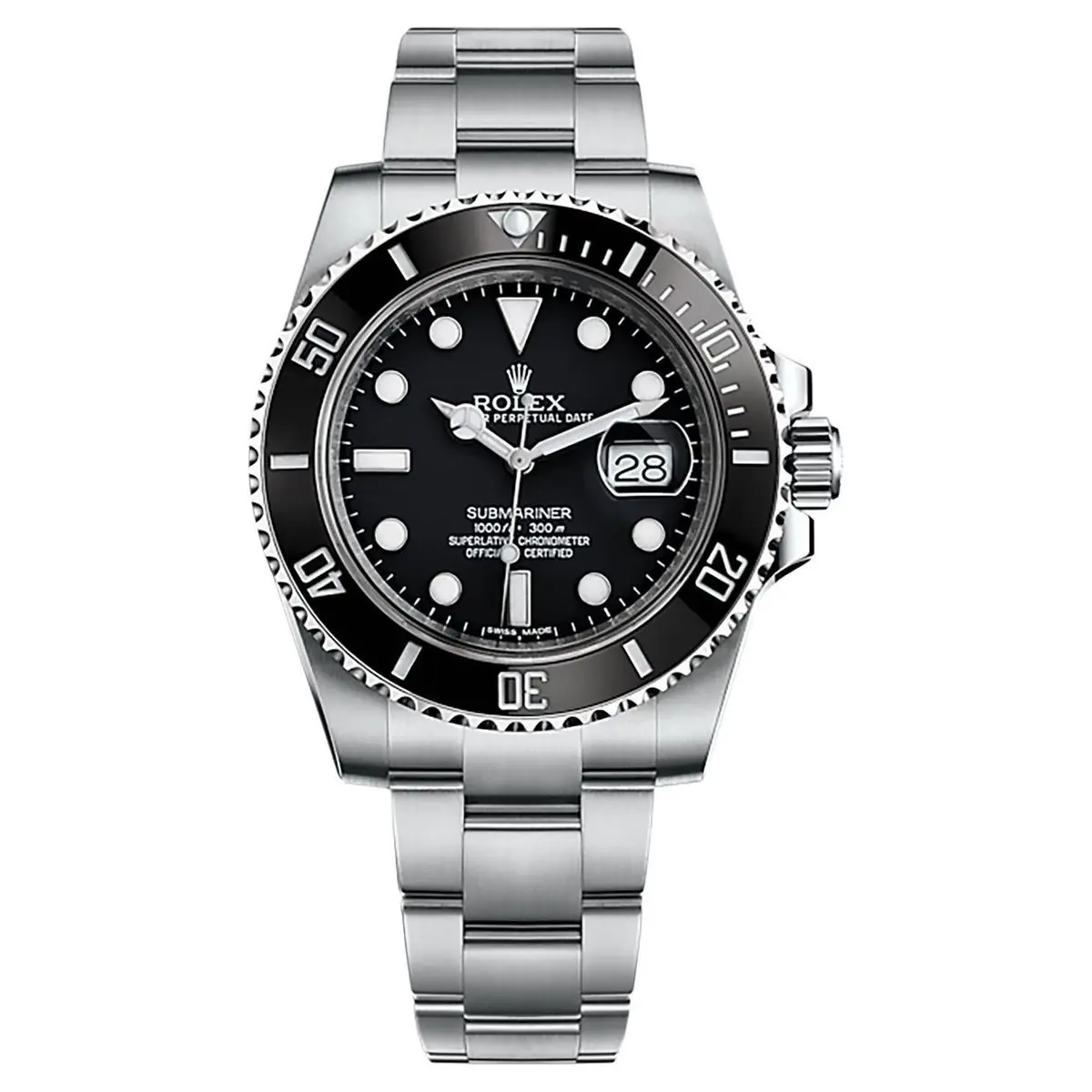 Rolex Submariner watch with a black dial and bezel, made from Oystersteel