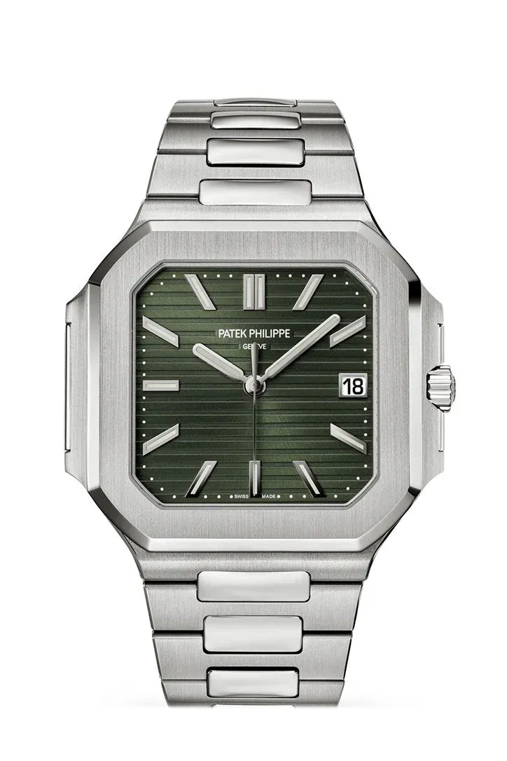 Patek Philippe Cubitus, featuring an olive green dial and a stainless steel case and bracelet