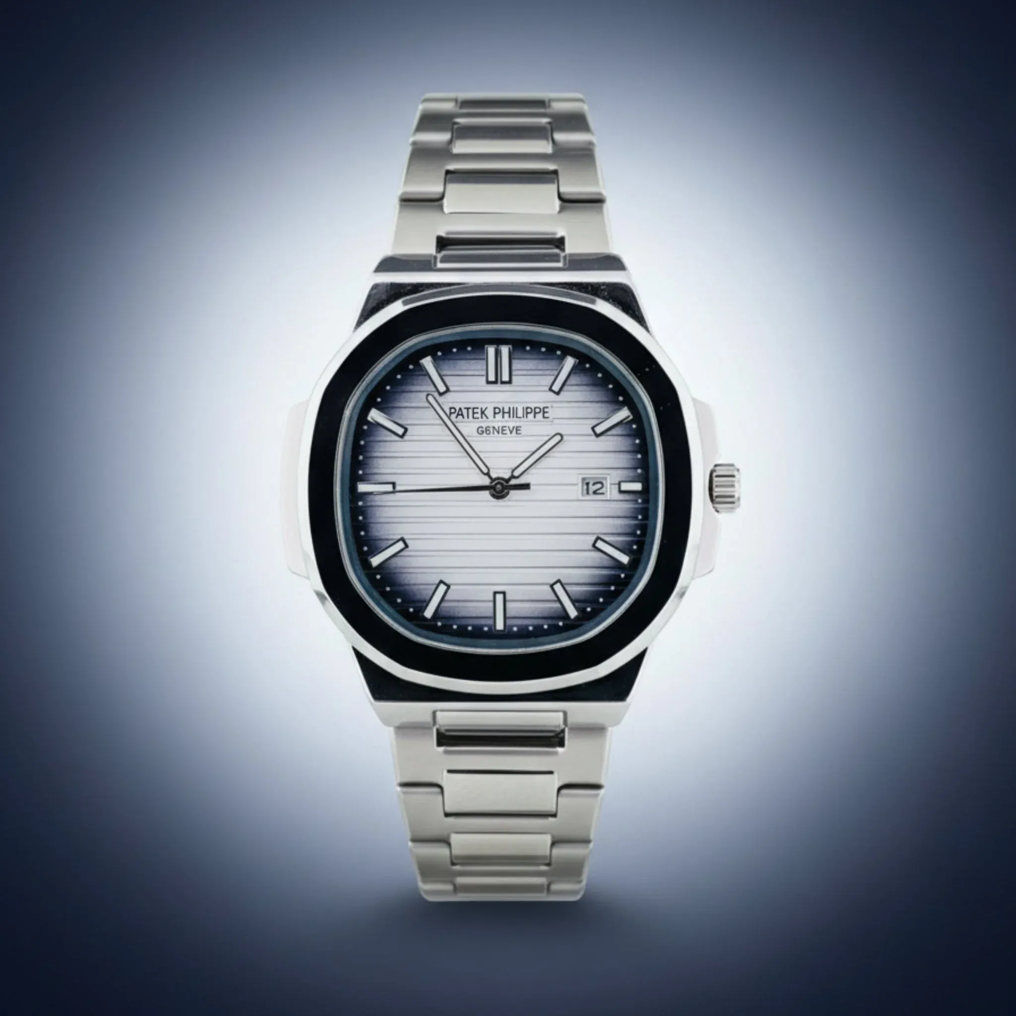 Patek Philippe Nautilus stainless steel watch with a grey dial