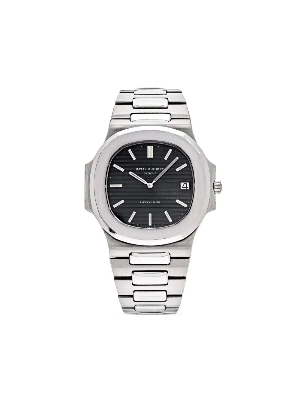 Patek Philippe Nautilus watch with a black dial and stainless steel case and bracelet