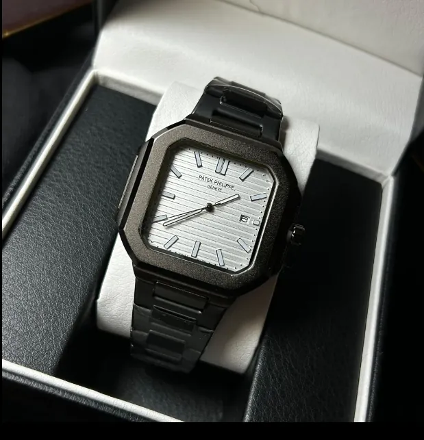 Patek Philippe Square Elegance for Him watch with a full black steel case and silver dial