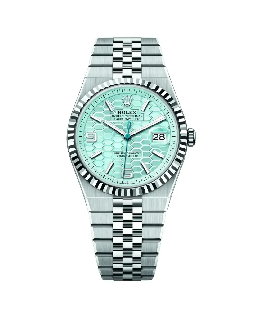 Rolex Land-Dweller watch with an integrated flat Jubilee bracelet and a light blue honeycomb dial