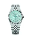 Rolex Land-Dweller watch with an integrated flat Jubilee bracelet and a light blue honeycomb dial