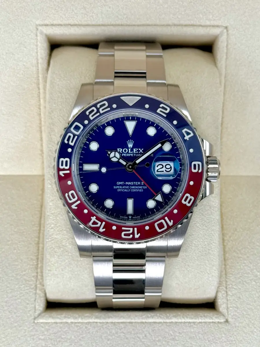 Rolex GMT-Master II Pepsi watch in 18k white gold with a blue dial and a red and blue Cerachrom bezel insert