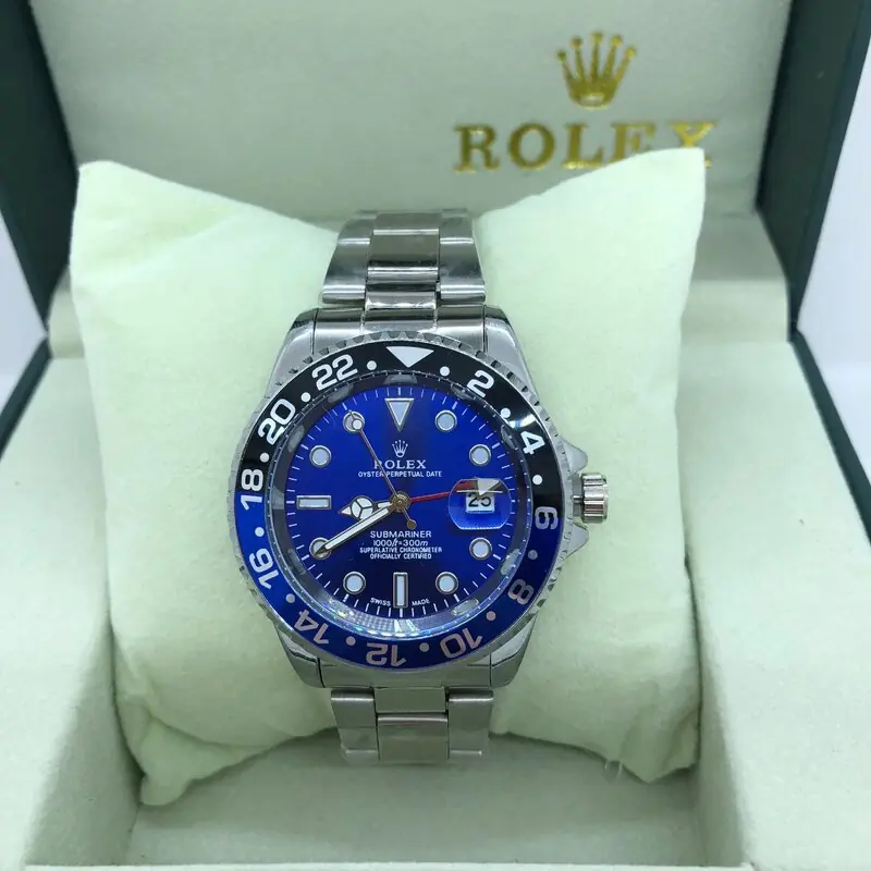 Rolex GMT-Master II watch with a blue dial and a black and blue ceramic Batman bezel