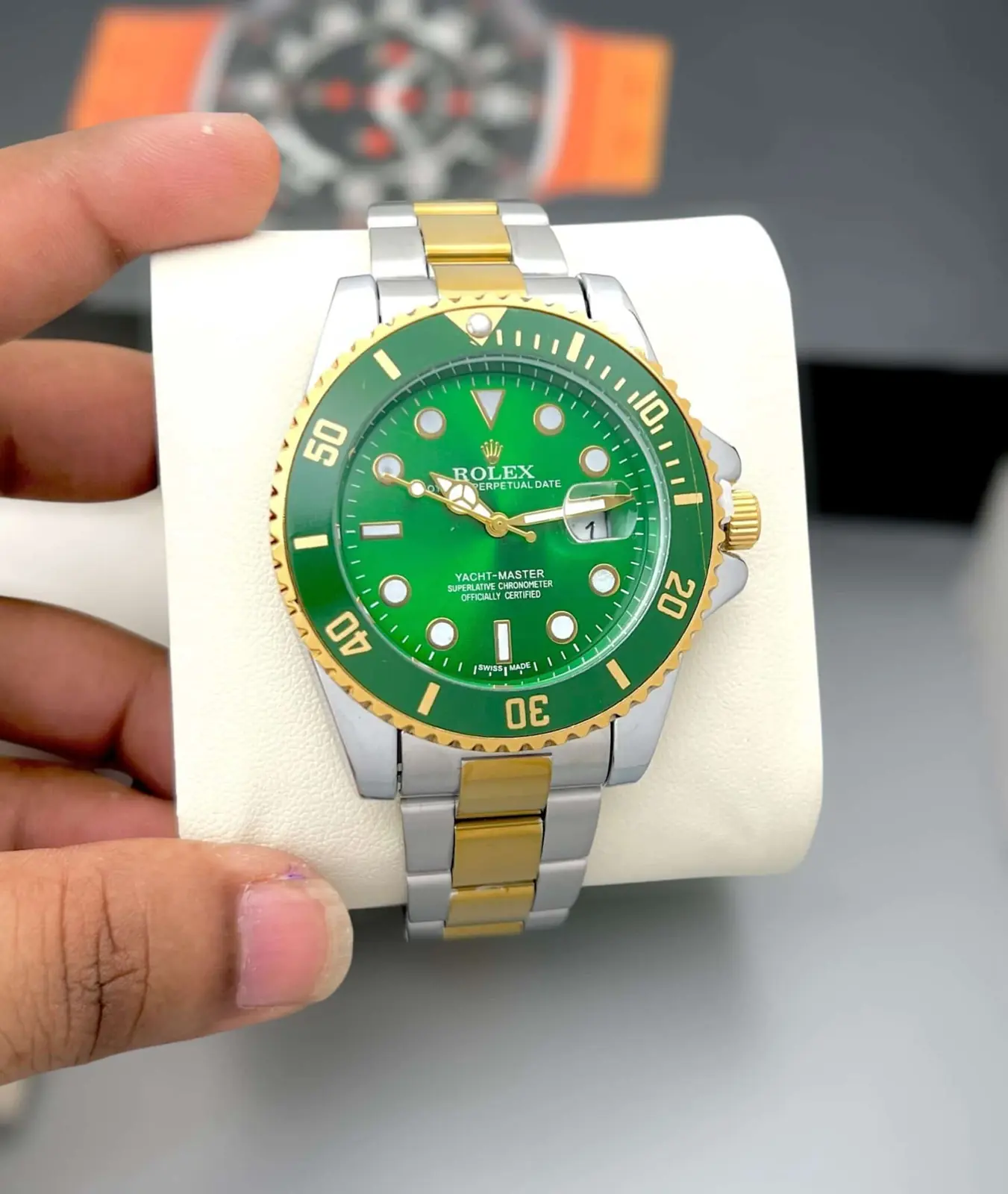 Rolex Oyster Perpetual GMT-Master II in Yellow Rolesor with a green dial and green Cerachrom bezel insert