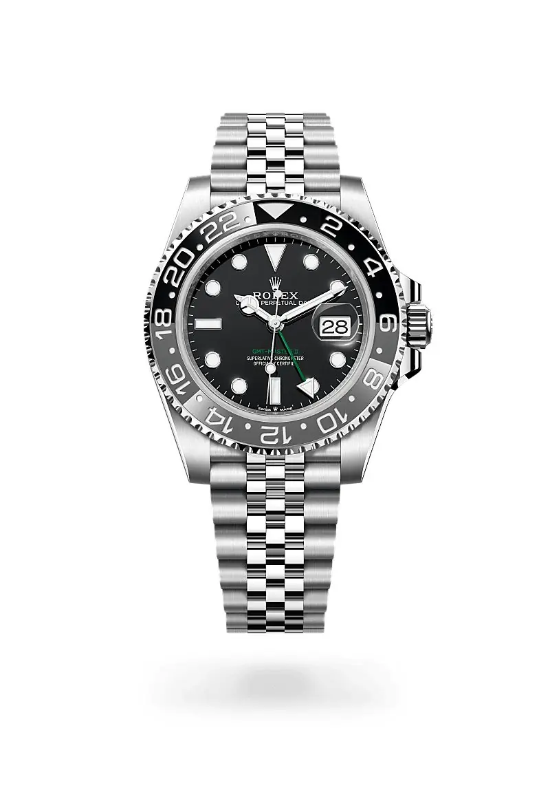Rolex GMT-Master II watch in Oystersteel with a black dial and Jubilee bracelet