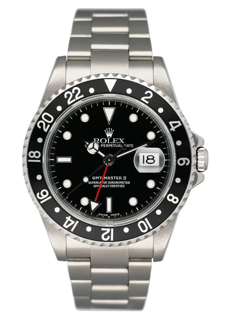 Rolex GMT-Master II watch with a black dial and bezel in a stainless steel Oyster case