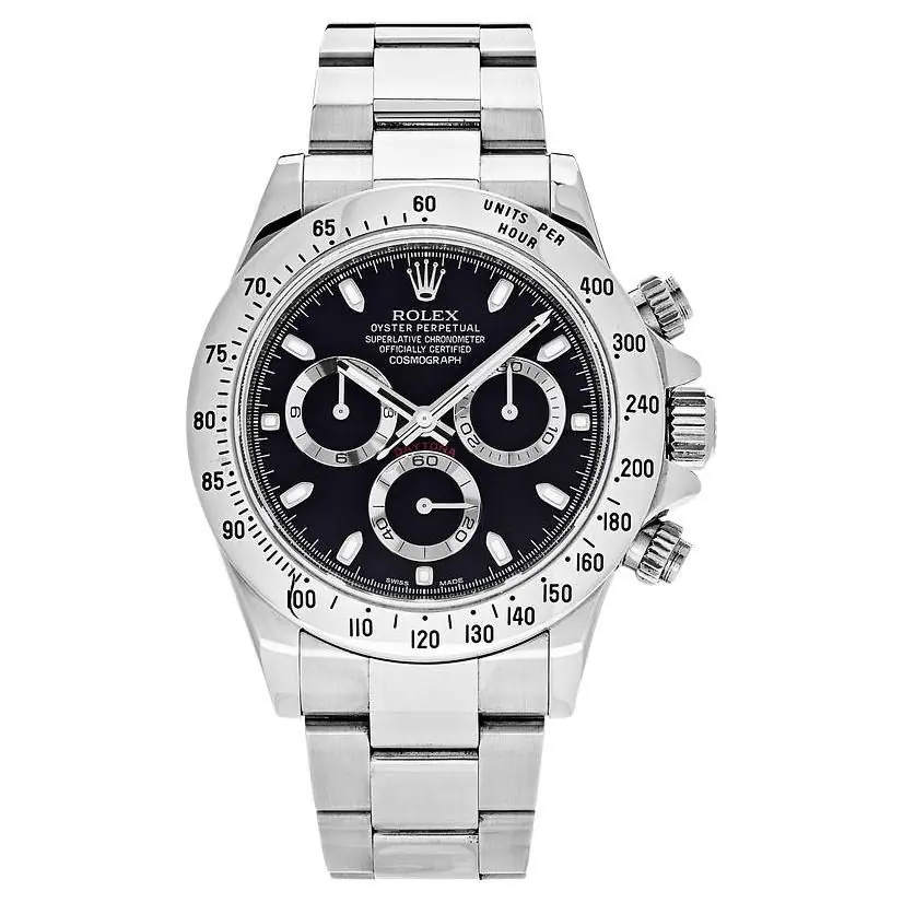 Rolex Cosmograph Daytona in 18 ct white gold, with a bright black and steel dial and an Oyster bracelet