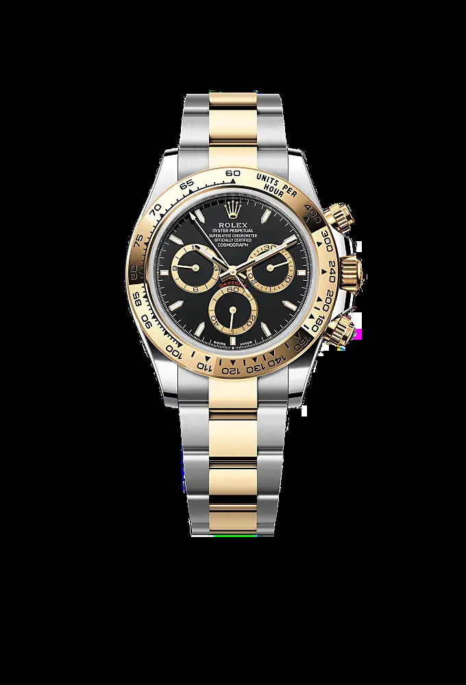 Rolex Cosmograph Daytona in Oystersteel and yellow gold, with a bright black and golden, diamond-set dial