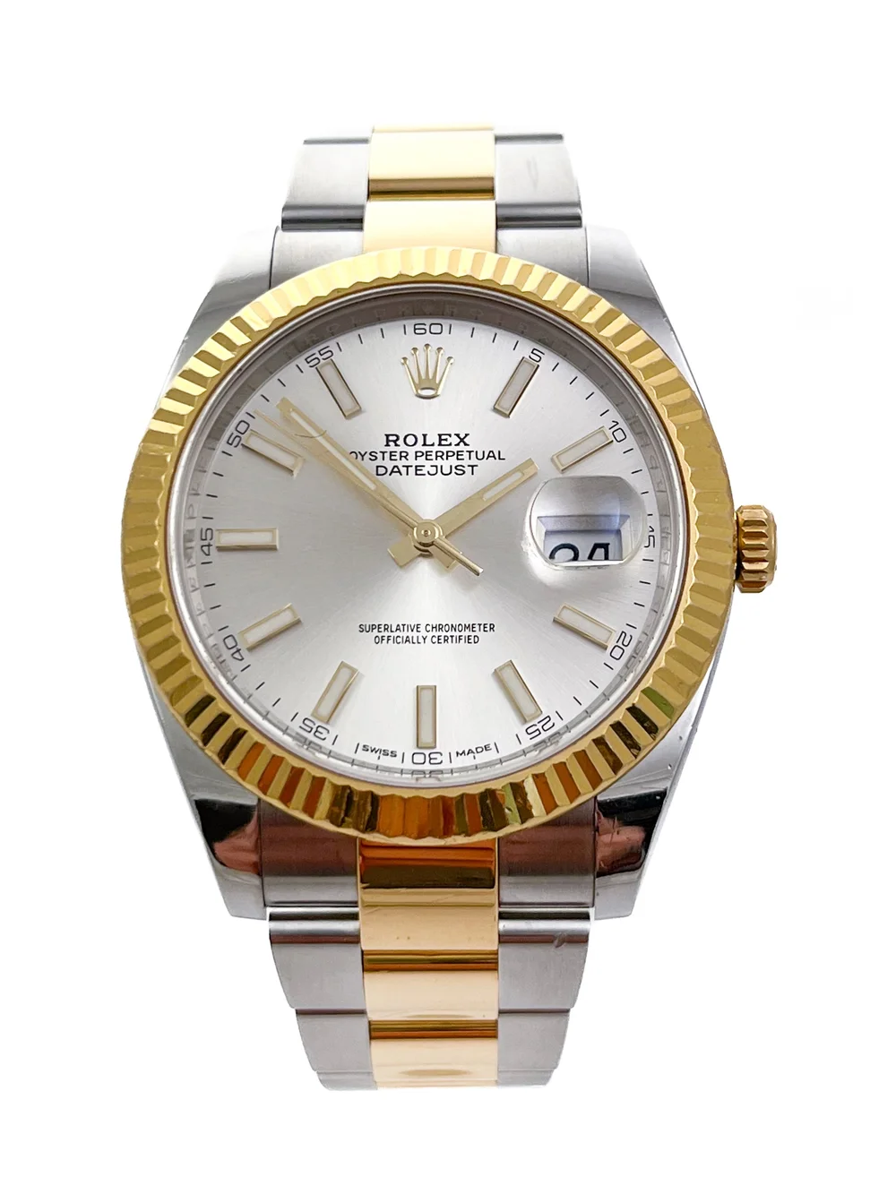 Rolex Datejust 41 watch in Oystersteel and yellow gold with a fluted bezel and a silver baton dial