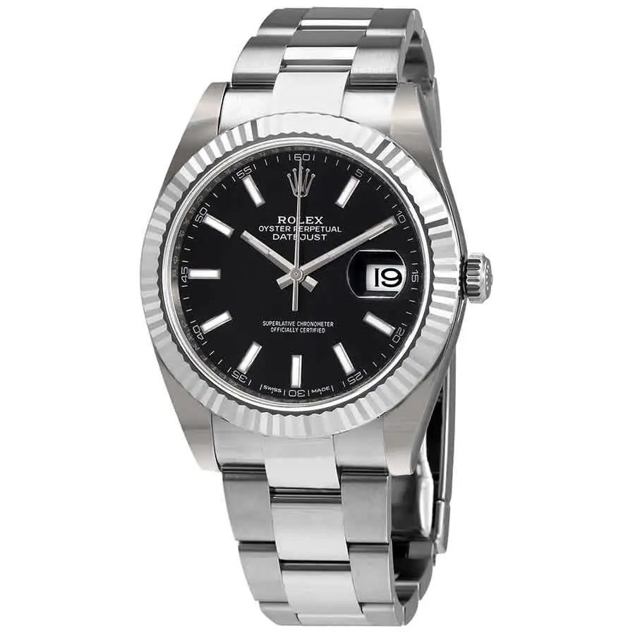 Rolex Datejust 41 watch with a black dial and fluted bezel on an Oyster bracelet