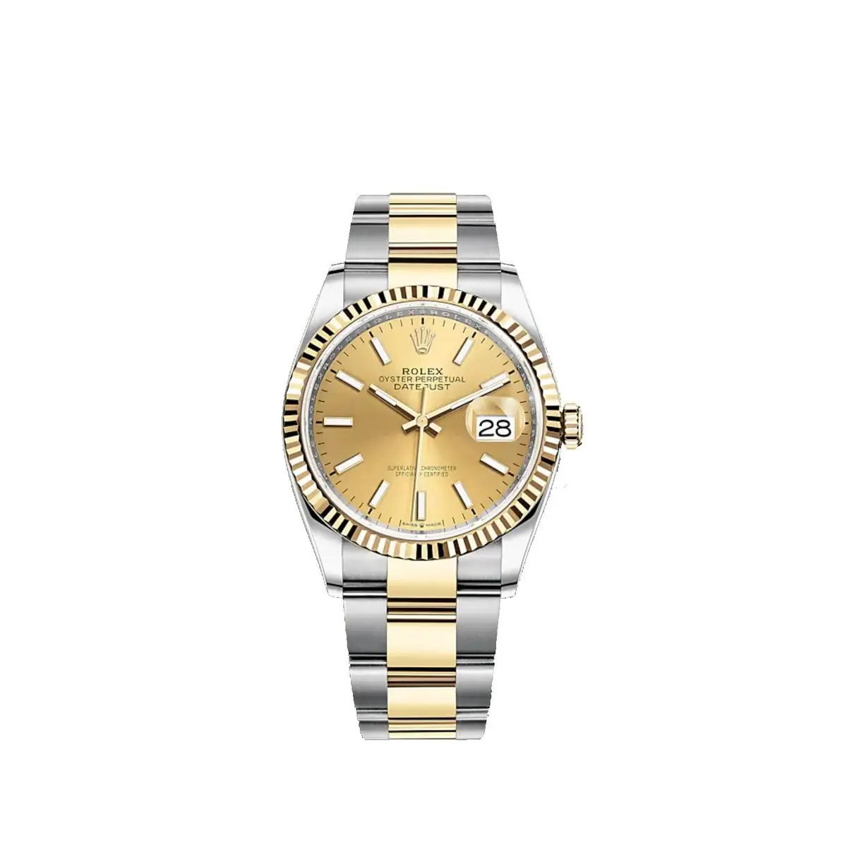 Rolex Datejust 41mm with a fluted bezel, champagne dial, two-tone yellow gold and Oystersteel Oyster bracelet
