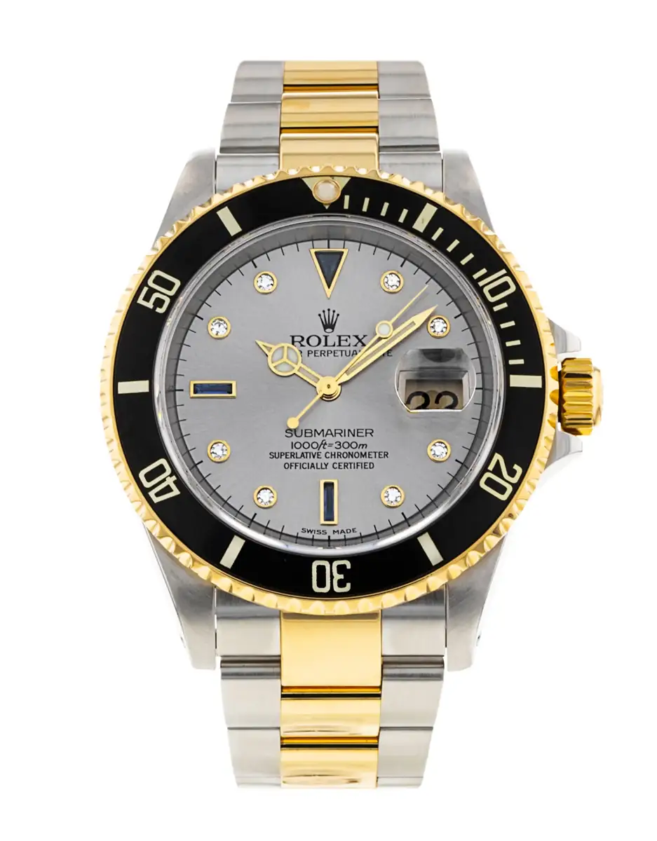 Rolex Submariner two-tone watch with a silver dial and black bezel